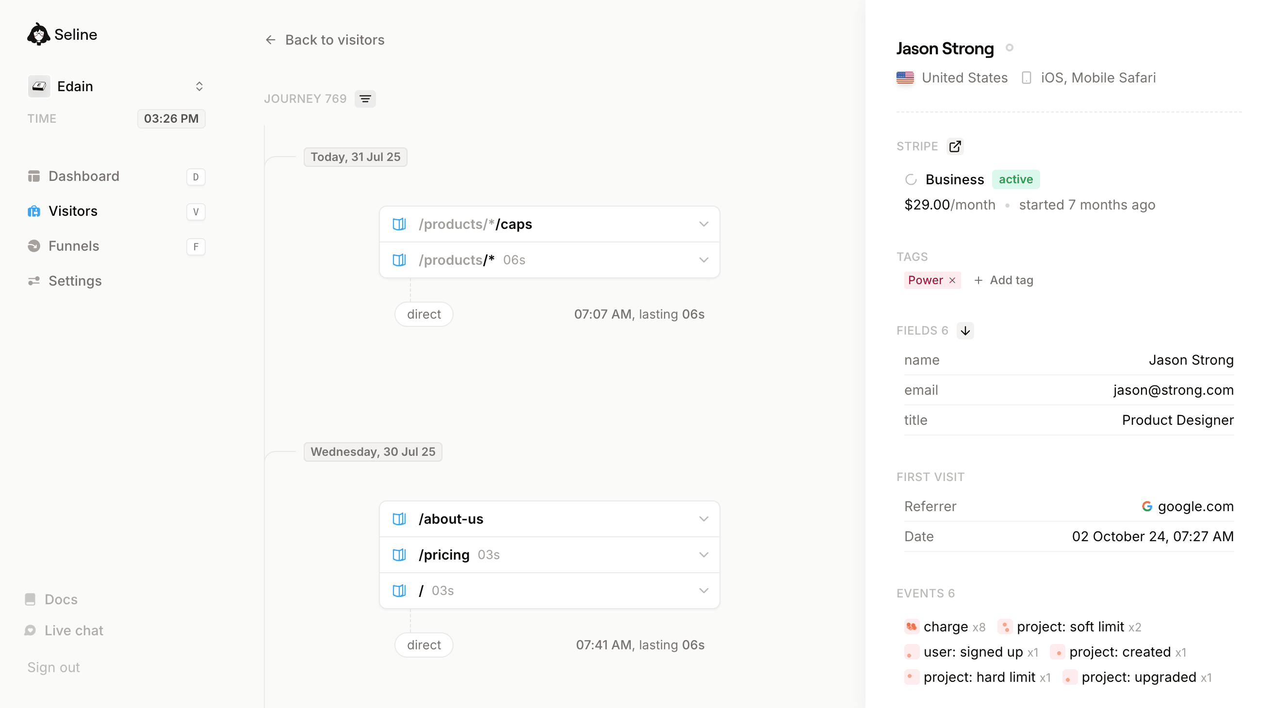 Seline journeys & profiles page screenshot